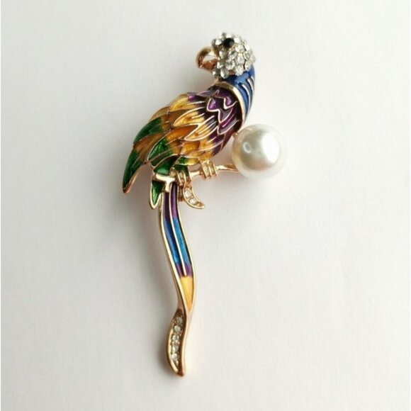 BIRD Parrot brooch pin enamel crystal pearl 🆕 - Picture 7 of 7